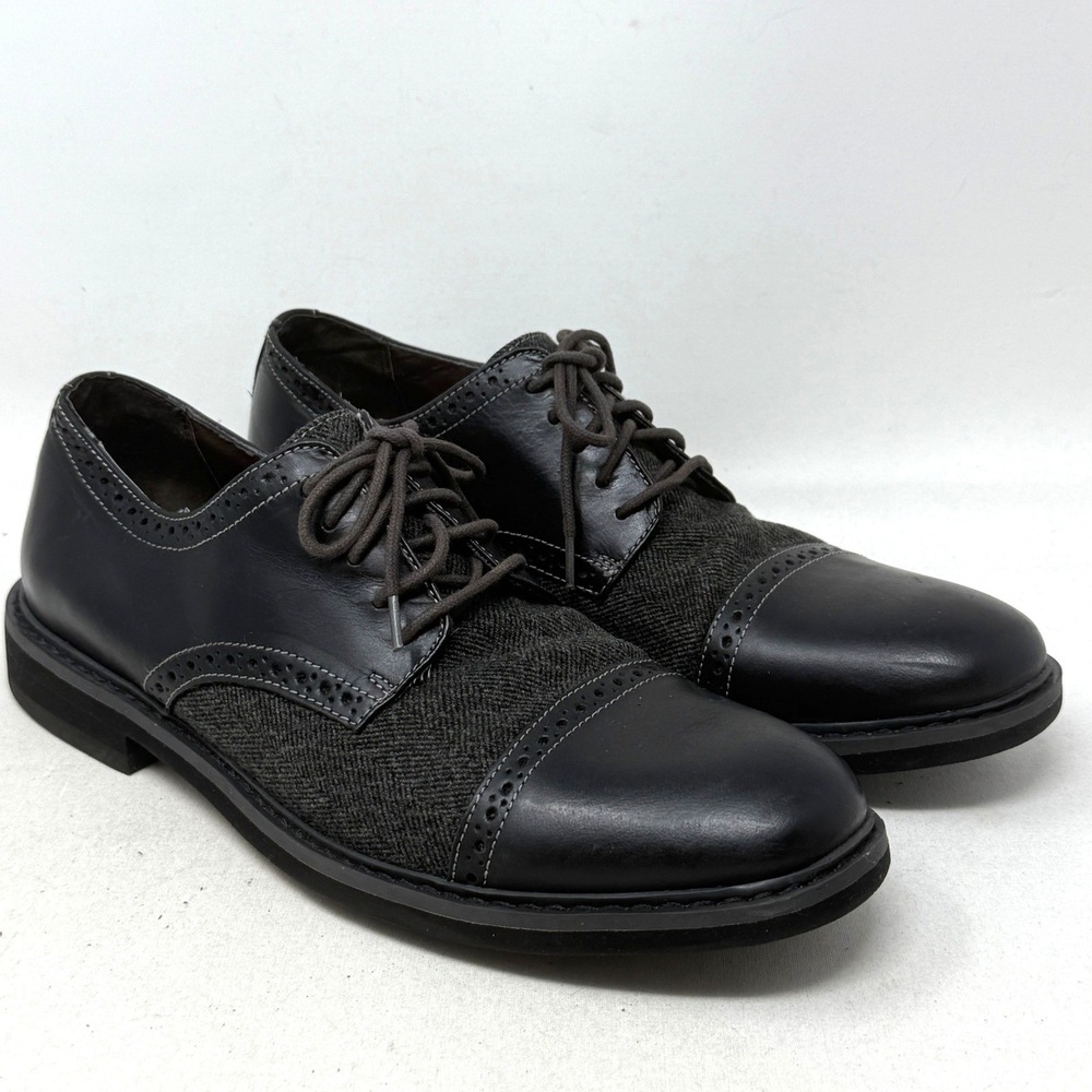 Bass Mens Howie Shoes  11 Black Leather Herringbone Wingtip‎ Oxford Preppy READ